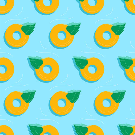 Swim rings floating on blue water seamless pattern. Inflatable rubber pineapples on sea, ocean surface. Summertime activity, swimming pool party. Vector illustrationのイラスト素材
