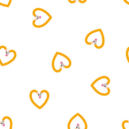 Pencils heart shaped doodle seamless pattern. Stationery print, back to school, education concept. Vector illustration isolated on white backgroundのイラスト素材