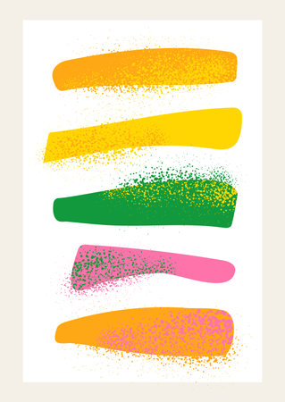 Abstract doodle shapes poster with hand drawn lines, modern geometry. Organic shapes and spray paint splashes. Green, orange, yellow colors. Vector illustrationのイラスト素材