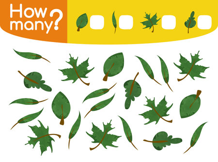 Counting game with green leaves for preschool children. Educational game. Count how many leaves by types and write the result. Vector illustration isolated on white backgroundのイラスト素材