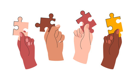 Diverse hands making puzzle, jigsaw. Metaphor of partnership, teamwork, cooperation, brainstorm concept. Flat vector illustration isolated on white backgroundのイラスト素材