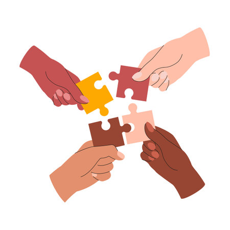 Diverse hands making puzzle, jigsaw, putting pieces together. Metaphor of partnership, teamwork, cooperation, brainstorm concept. Vector illustration isolated on white backgroundのイラスト素材