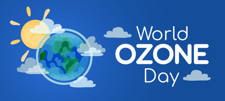 World Ozone day 16 September design Vector illustration in flat cartoon style with globe, sun, clouds and text on blue background for poster, flyer, brochure, voucher decorationのイラスト素材
