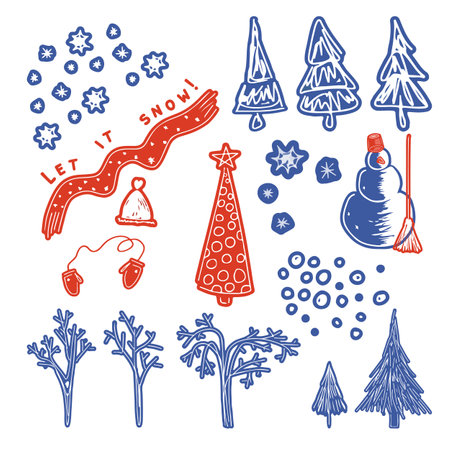 Abstract winter elements in bright blue and red colours isolated on white background Vector illustration in flat styleのイラスト素材