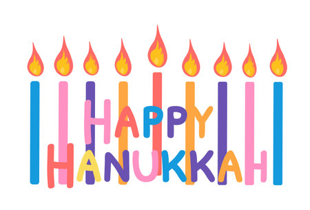 Happy Hanukkah celebration card Colorful candles with flame and text isolated on white background Vector illustration in flat cartoon style for poster, greeting card, stickersのイラスト素材