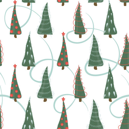 Seamless pattern with decorated christmas trees. Stylised hand drawn fir trees in flat cartoon style. Vector illustration for wrapping paper, textile, fabric and packaging decorationのイラスト素材