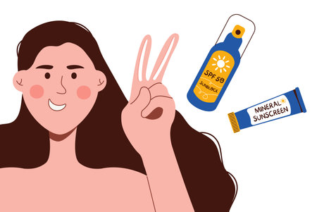 Two fingers rule for sunscreen. Woman apply sunscreen to face. Summer skincare and protection, morning routine concept. Vector illustration isolated on white backgroundのイラスト素材