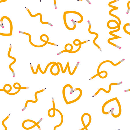 Bended yellow pencils seamless pattern. Doodle stationery, heart, wow, wavy shapes. Back to school concept. Vector illustration isolated on white backgroundのイラスト素材