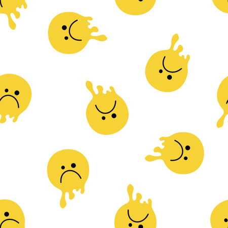 Groovy melting smile faces seamless pattern. Sad trippy emoticon, dripping paint style. Vector illustration isolated on white backgroundのイラスト素材