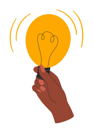 Creative idea concept dark skinned hand holding bulb with rays of light. Problem solution, brainstorm symbol, innovation concept. Vector illustration isolated on white backgroundのイラスト素材