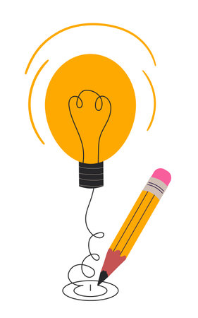 Creative idea concept pencil with light bulb. Pencil drawing power button. Problem solution, innovation symbol. Doodle flat vector illustration isolated on transparent backgroundのイラスト素材
