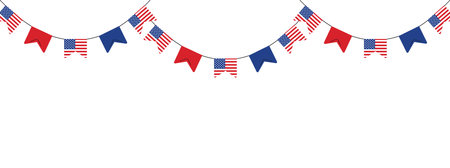 Pennant garland with American flags. Bunting garland for 4th July, Independence day USA. Border template with copy space. Vector illustration isolated on white backgroundのイラスト素材