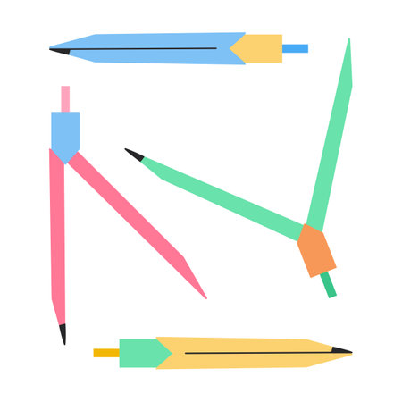 Doodle compasses icon set vector illustration isolated on white background. Modern flat school stationery, abstract geometry tools, pastel colorsのイラスト素材