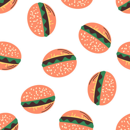 Burger doodle seamless pattern. Bun, salad, beef, cheese. Hamburger, fast food print. Vector illustration isolated on white backgroundのイラスト素材