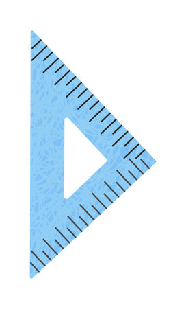 Blue triangular ruler doodle icon with two scales, school geometry tool, abstract stationery with...