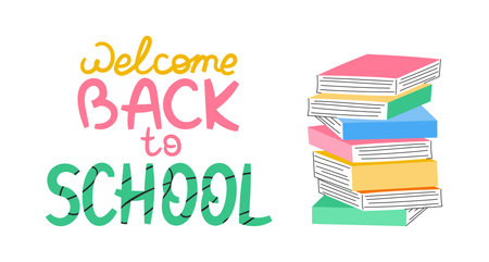 Welcome back to school concept with stack of colorful books, textbooks. Handwritten text with scribble texture. Vector illustration isolated on white backgroundのイラスト素材