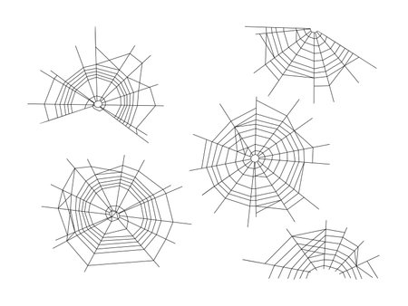 Spider web set of Halloween design elements vector illustration isolated on white background. Abstract line cobweb clip art for poster, card, banner, printingのイラスト素材