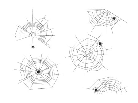 Spider web set of Halloween design elements. Abstract textured line cobwebs with spiders clip art. Pencil sketch style. Vector illustration isolated on white backgroundのイラスト素材