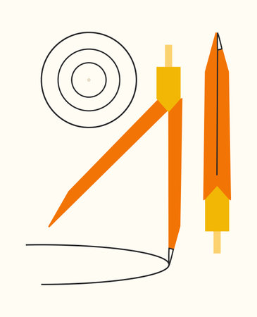 Doodle compasses drawing circles set vector illustration isolated on light beige background. Modern flat school stationery, abstract geometry toolsのイラスト素材