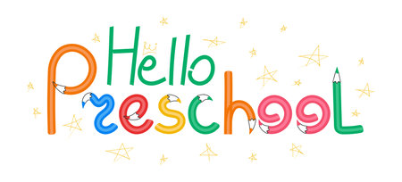 Hello preschool typography with color pencils. Welcome back to school concept, hand drawn doodle quote, scribble stars. Vector illustration isolated on white backgroundのイラスト素材