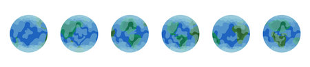 Set of six abstract Earth globes from different angles Planet with continents and oceans in bright blue and green colours Vector illustration isolated on white background in flat cartoon styleのイラスト素材