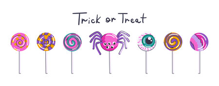 Halloween lollipops set. Caramel, sweet treats collection, spooky spider, eyeball, swirl and striped candies. Flat cartoon vector illustration isolated on white backgroundのイラスト素材
