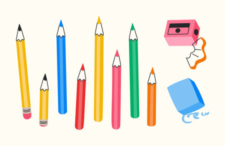Color pencils set with sharpener and eraser. Preschool supply, stationery doodle collection. Education, back to school concept. Vector illustration, elements are isolatedのイラスト素材
