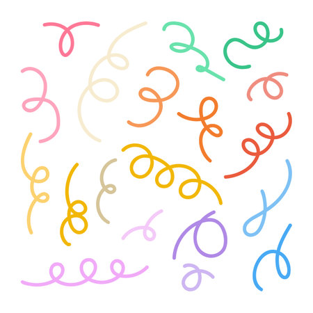 Squiggle loop colorful lines set. Simple twirl elements, hand drawn doodle decoration. Vector illustration isolated on white backgroundのイラスト素材