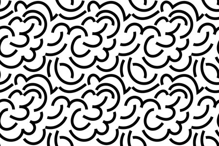 Squiggle seamless pattern with black lines isolated on white background. Fun abstract scribble backdrop. Childish doodle print with simple geometric shapes, streamers. Vector illustrationのイラスト素材