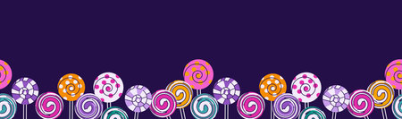 Striped lollipops Halloween seamless border with copy space. Trick or treat, twisted hard sugar candies isolated on violet background. Poster, banner template. Vector illustrationのイラスト素材
