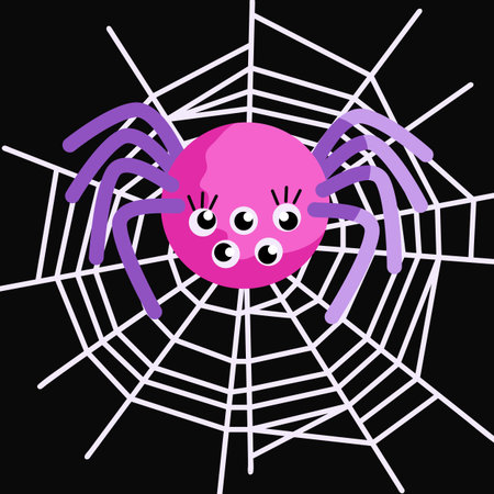 Spider in center of web Halloween cartoon poster. Cute spooky insect on cobweb isolated on black...