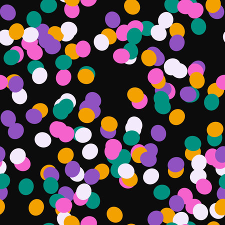 Halloween dotted seamless pattern. Abstract hand drawn pink, orange, violet blots, spots, confetti isolated on black background. Funny childish print, doodle texture. Vector illustrationのイラスト素材