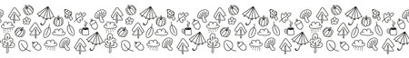 Autumn doodle seamless border. Naive childish fall symbols, leaves, mushrooms, cloud, umbrella, trees, pumpkin, acorn. Abstract line frame. Vector illustration isolated on white backgroundのイラスト素材
