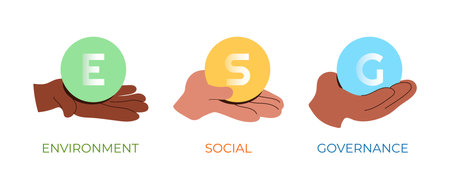 Diverse hands holding ESG infographic icons. Environment Social Governance concept sign. Corporate sustainability performance, social responsibility. Vector illustration isolated on white backgroundのイラスト素材