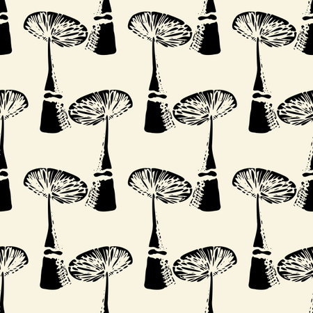 Abstract mushroom sketch seamless pattern isolated on light beige background. Forest mushroom with open cap vector illustration . Negative space sketch, engraving style, stamp effect. Vintage printのイラスト素材