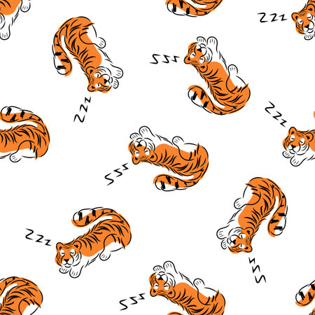 Sleeping tigers seamless pattern. Hand drawn abstract wild animals sleep on stomach snoring, funny doodle striped cats. Vector illustration isolated on white backgroundのイラスト素材