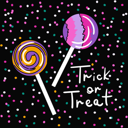 Halloween poster with striped lollipops. Trick or treat concept, twisted hard sugar candies and confetti isolated on black background. Greeting card, dotted banner. Vector illustrationのイラスト素材