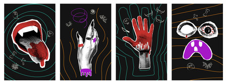 Halloween halftone collage poster set for mixed media design. Witch, monster hands, vampire mouth...