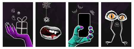 Halloween halftone collage poster templates set for mixed media design. Monster eyes, zombie hands, vampire mouth. Spooky modern cut out elements and doodles. Trendy pop art vector illustrationのイラスト素材