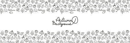 Autumn doodle background. Naive childish fall symbols, leaves, mushrooms, cloud, umbrella, trees, pumpkin, acorn. Abstract line frame, banner template. Vector illustration isolated on whiteのイラスト素材