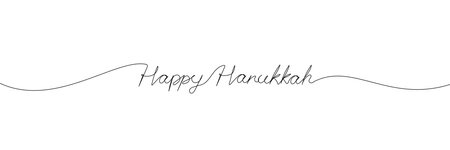 Happy Hanukkah one continuous line lettering. Minimal background, banner template. Handwritten calligraphy with editable stroke. Vector illustration isolated on white backdropのイラスト素材