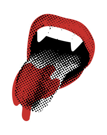 Vampire red lips with dripping blood Halloween halftone collage. Open mouth of monster with fangs and protruding tongue. Mixed media design. Vector illustration isolated on transparent backgroundのイラスト素材