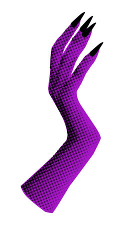 Violet monster hand with long claws scary Halloween clip art. Demon hand halftone collage for mixed media design. Vector illustration isolated on transparent backgroundのイラスト素材
