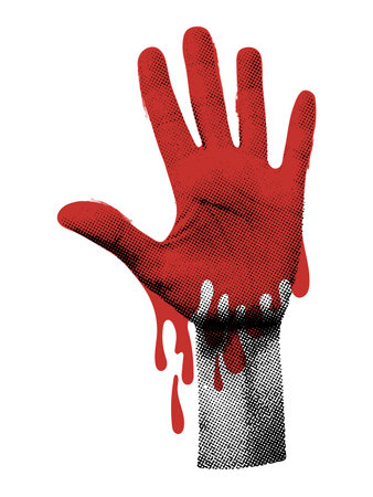Hand with dripping blood halftone collage object for mixed media design. Killer palm Halloween concept. Vector illustration isolated on transparent backgroundのイラスト素材