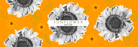 Sunflowers halftone collage elements and doodles set. Whole flower, halves and with copy space. Modern pop art dotted objects for mixed media design. Vector illustration isolated on yellow backgroundのイラスト素材
