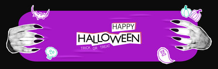 Happy Halloween halftone collage banner with witch hands holding paper sign. Modern mixed media design. Spooky pop art background, poster template with copy space for text. Vector illustrationのイラスト素材