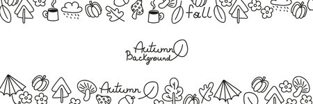 Autumn doodle background with copy space. Naive childish fall symbols, leaves, mushrooms, cloud, umbrella, trees, pumpkin, acorn. Abstract line frame, banner template. Vector illustrationのイラスト素材