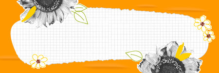 Sunflowers halftone collage banner template with doodles, paper torn and check pattern. Poster, background with copy space. Modern pop art mixed media design. Vector illustrationのイラスト素材
