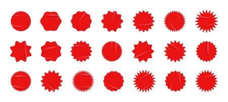 Set of red starburst with grunge retro texture. Sticker kit collection for price, sale, discount. Modern star burst for promotional, ad. Vector illustration isolated on transparent backgroundのイラスト素材