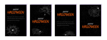 Set of Halloween posters with spider web. Abstract textured line cobwebs with spiders isolated on black backdrop. Banner templates with copy space. Vector illustrationのイラスト素材